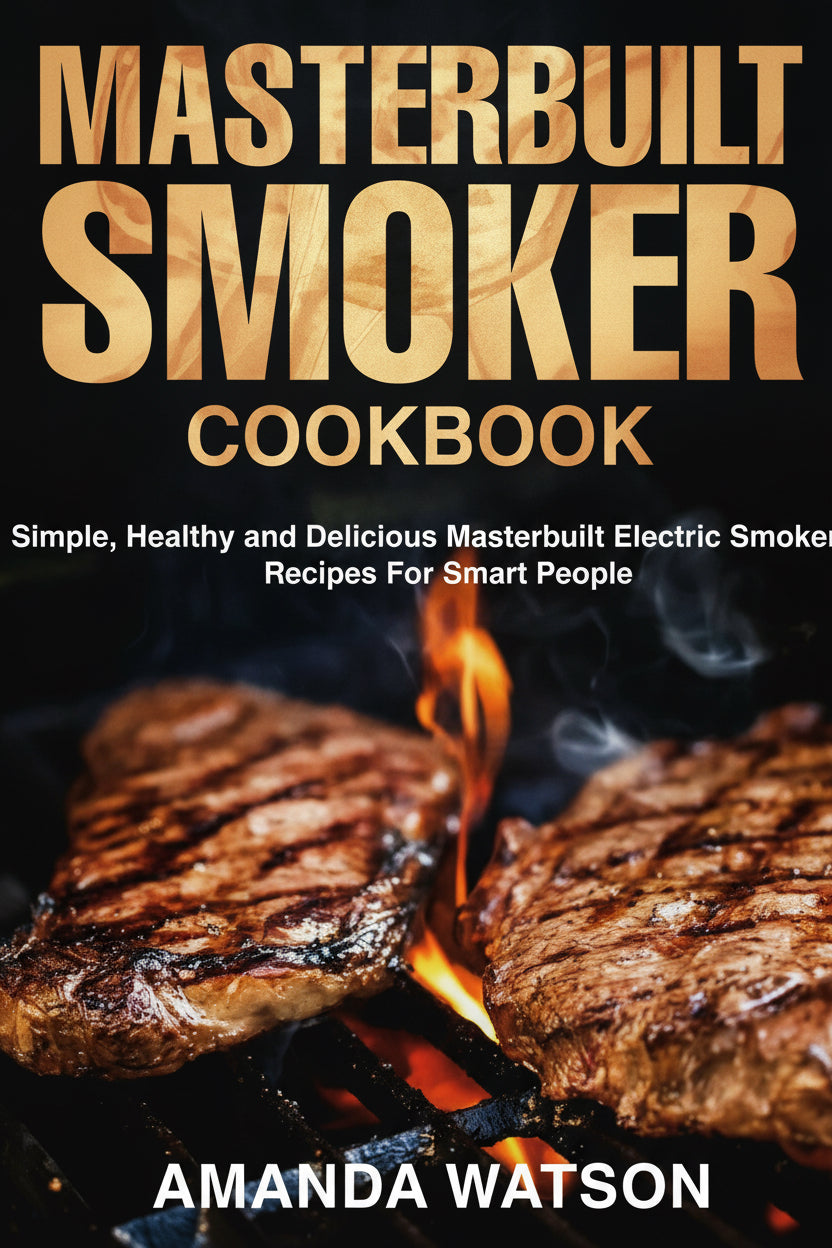 Masterbuilt Smoker Cookbook cover with grilled steaks and flames, by Amanda Watson