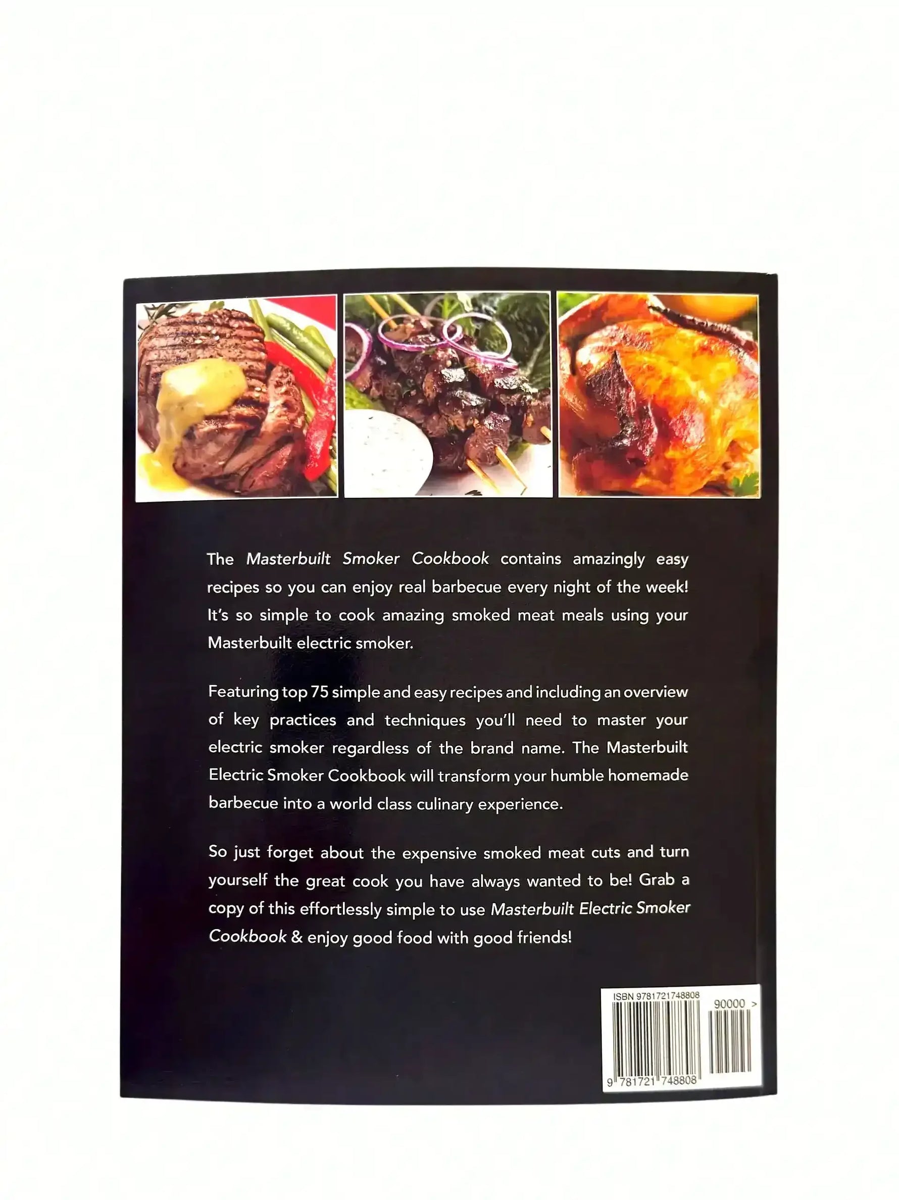 Back cover of Masterbuilt Smoker Cookbook featuring grilled steak, kebabs, and roasted chicken with recipe descriptions