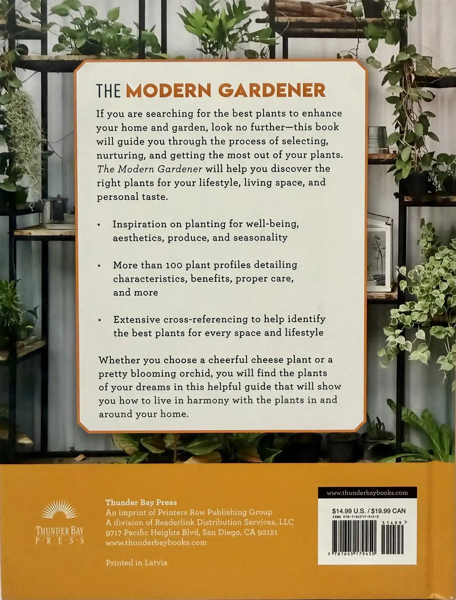 The Modern Gardener book back cover with plant care guide and shelf of green houseplants