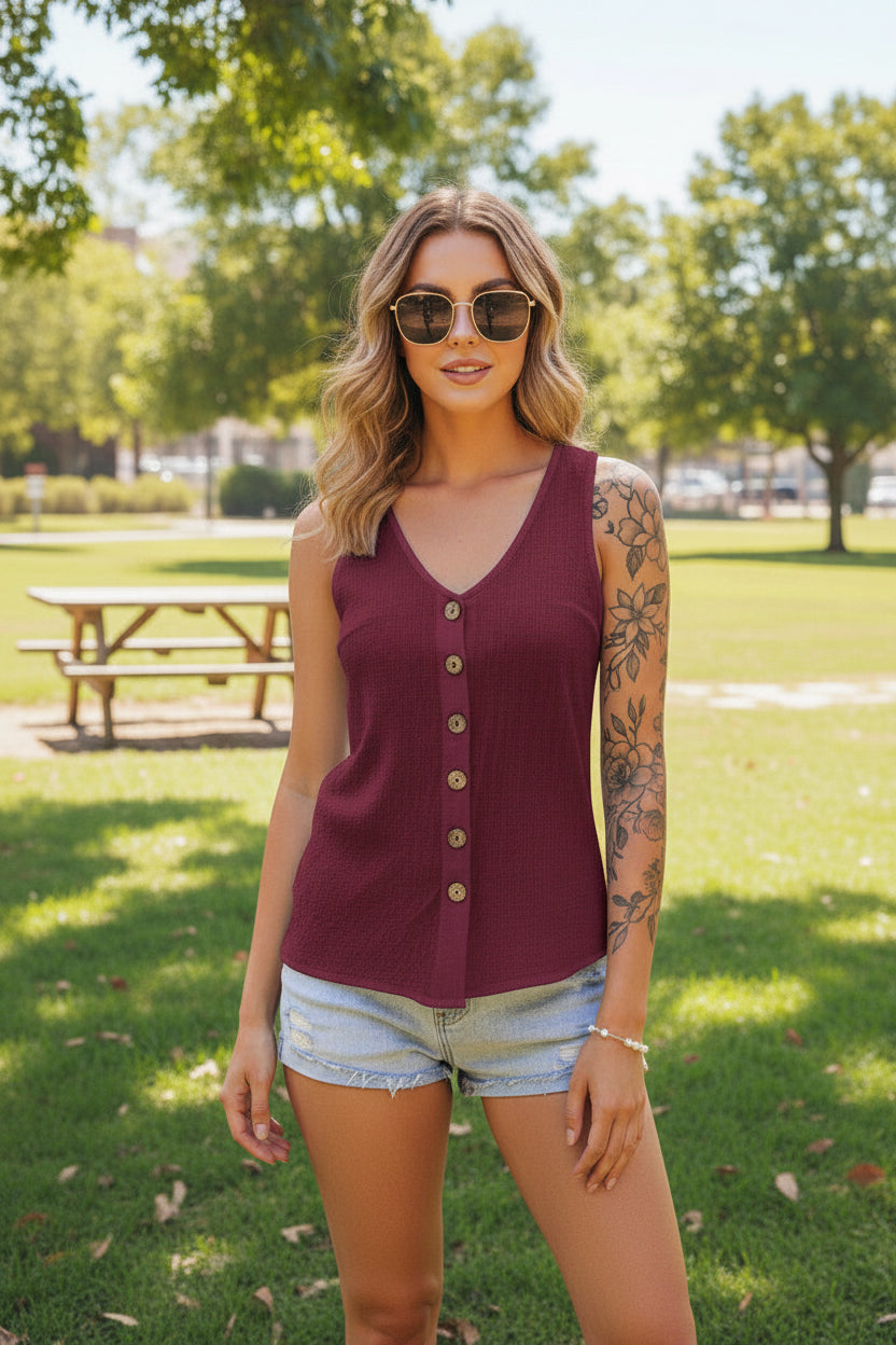 Woman wearing a maroon sleeveless button-up top and denim shorts outdoors.