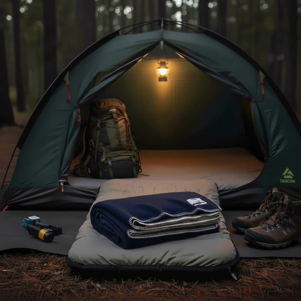 Camping scene with a tent, sleeping pad, and folded blanket in a forest setting.