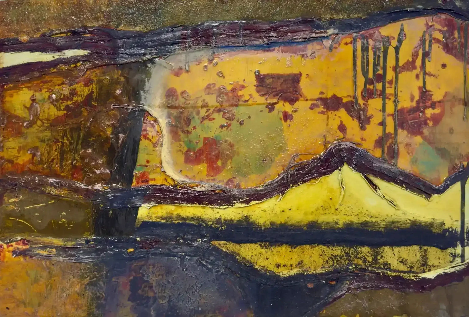 Abstract textured artwork with bold yellow, black, and rust tones, layered paint strokes and organic shapes.