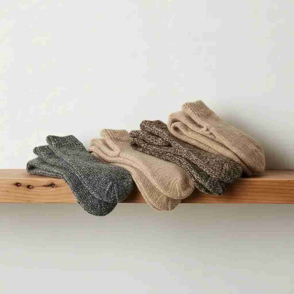 Set of four pairs of socks in gray, beige, and brown on a wooden surface with a light background.