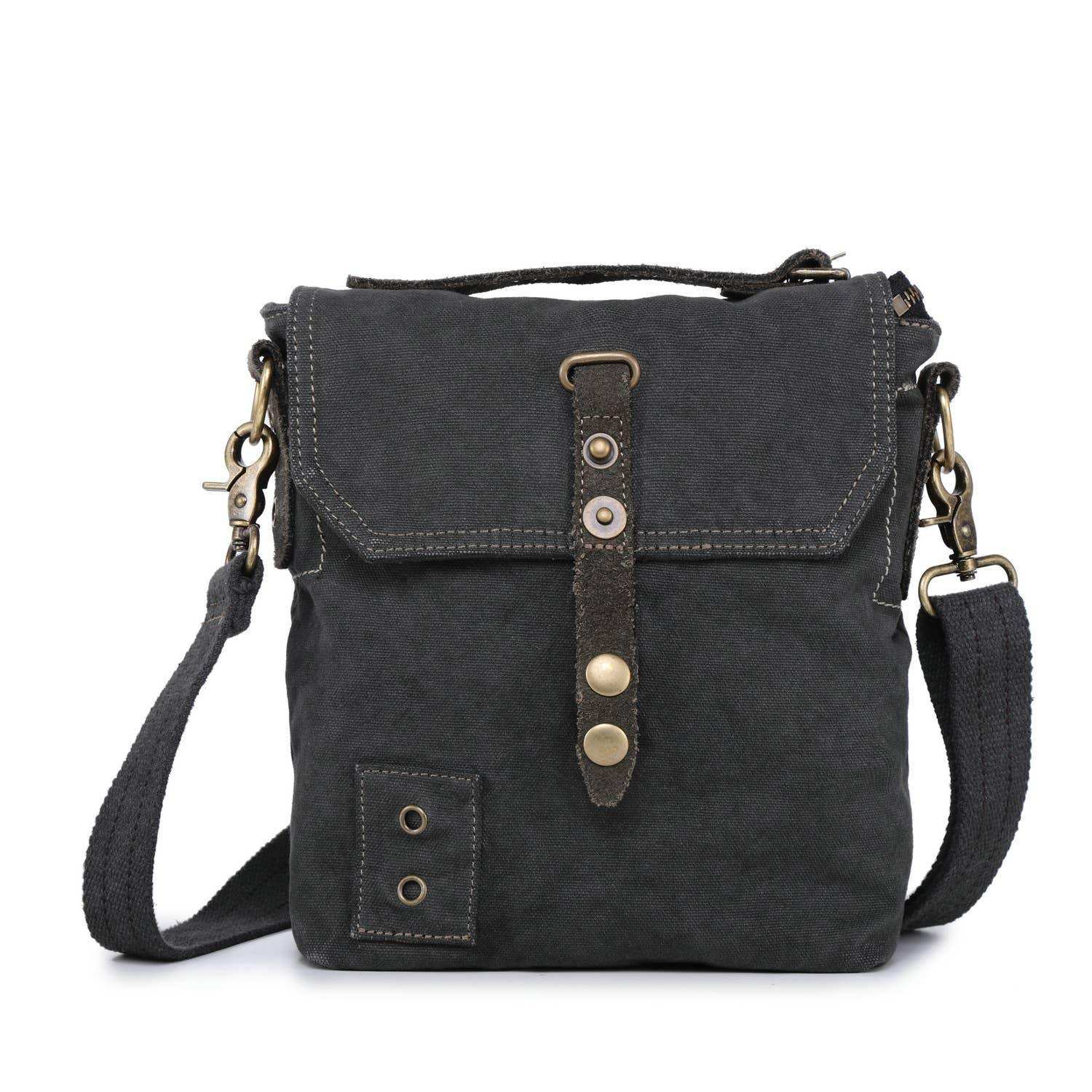 Dark gray canvas bag with leather accents on a white background