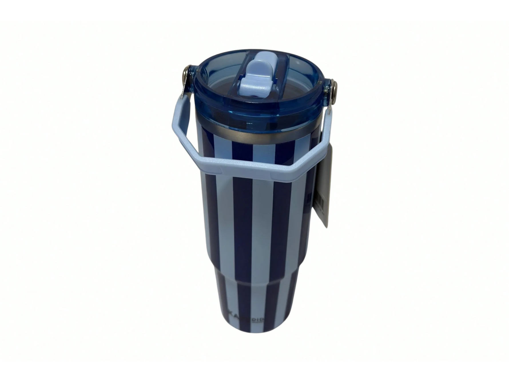 Dark blue and light blue striped tumbler with a clear lid on a white background