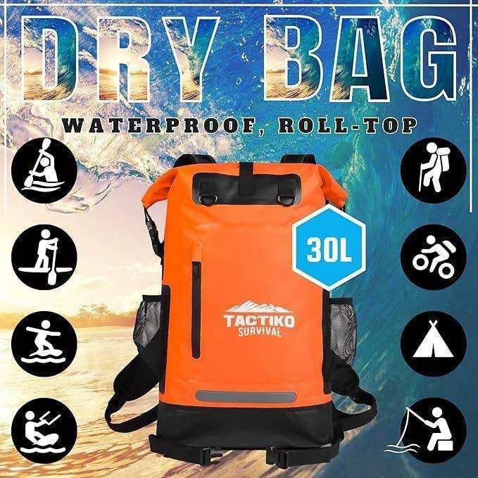 Orange 30L waterproof dry bag backpack for kayaking, hiking, biking, camping, and fishing
