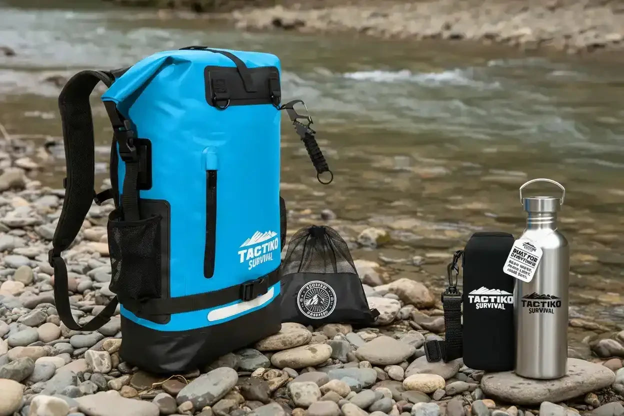 Blue Tactiko Survival waterproof backpack with gear by river, ideal for outdoor adventures and hiking trips.