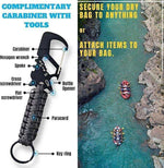 Multi-tool carabiner with paracord, screwdrivers, wrench, bottle opener, key ring for outdoor gear and dry bag attachment