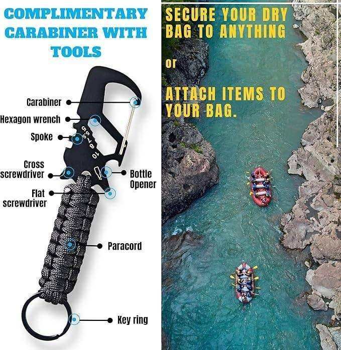 Multi-tool carabiner with paracord, screwdrivers, wrench, bottle opener, key ring for outdoor gear and dry bag attachment