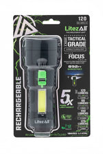 Litex All tactical grade flashlight packaging with specifications on a white background
