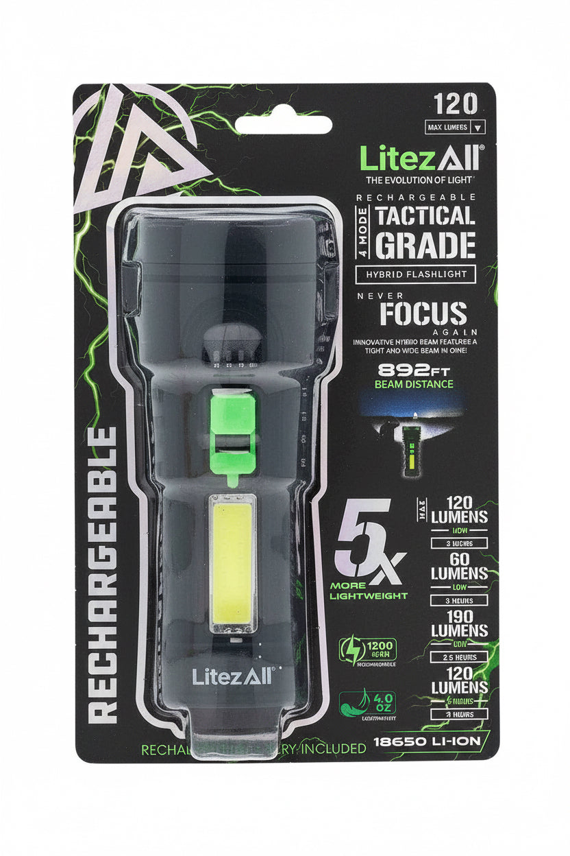 Litex All tactical grade flashlight packaging with specifications on a white background