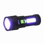 Black flashlight with purple accents on a white background