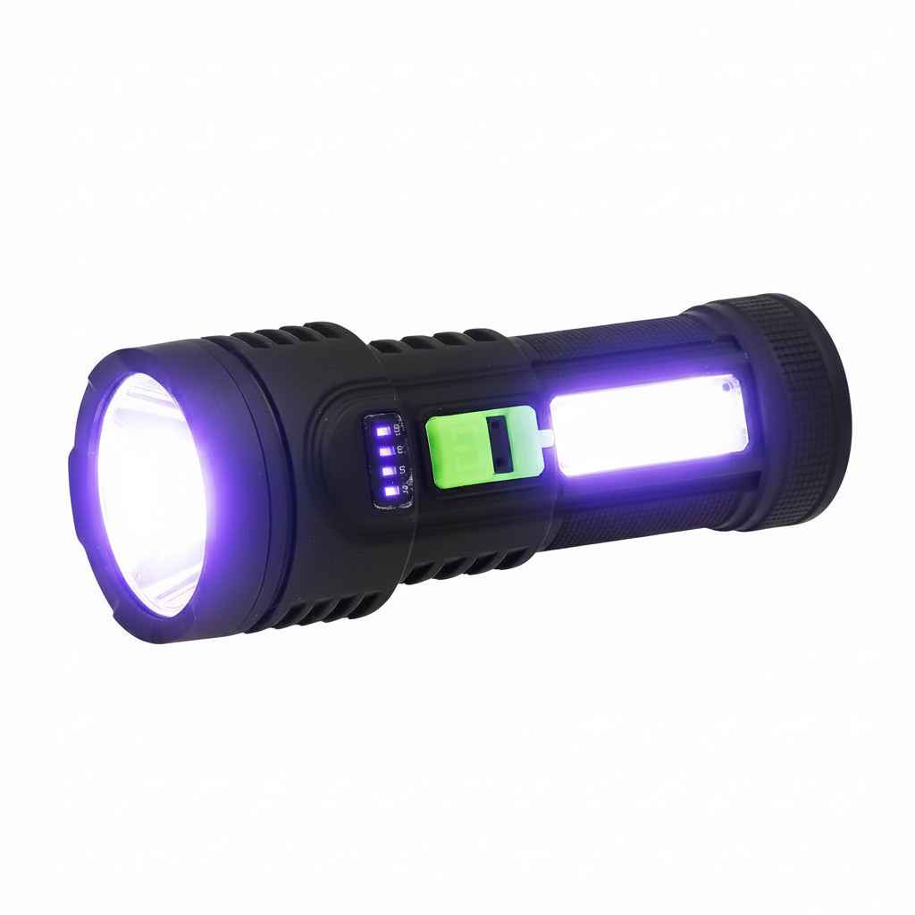 Black flashlight with purple accents on a white background