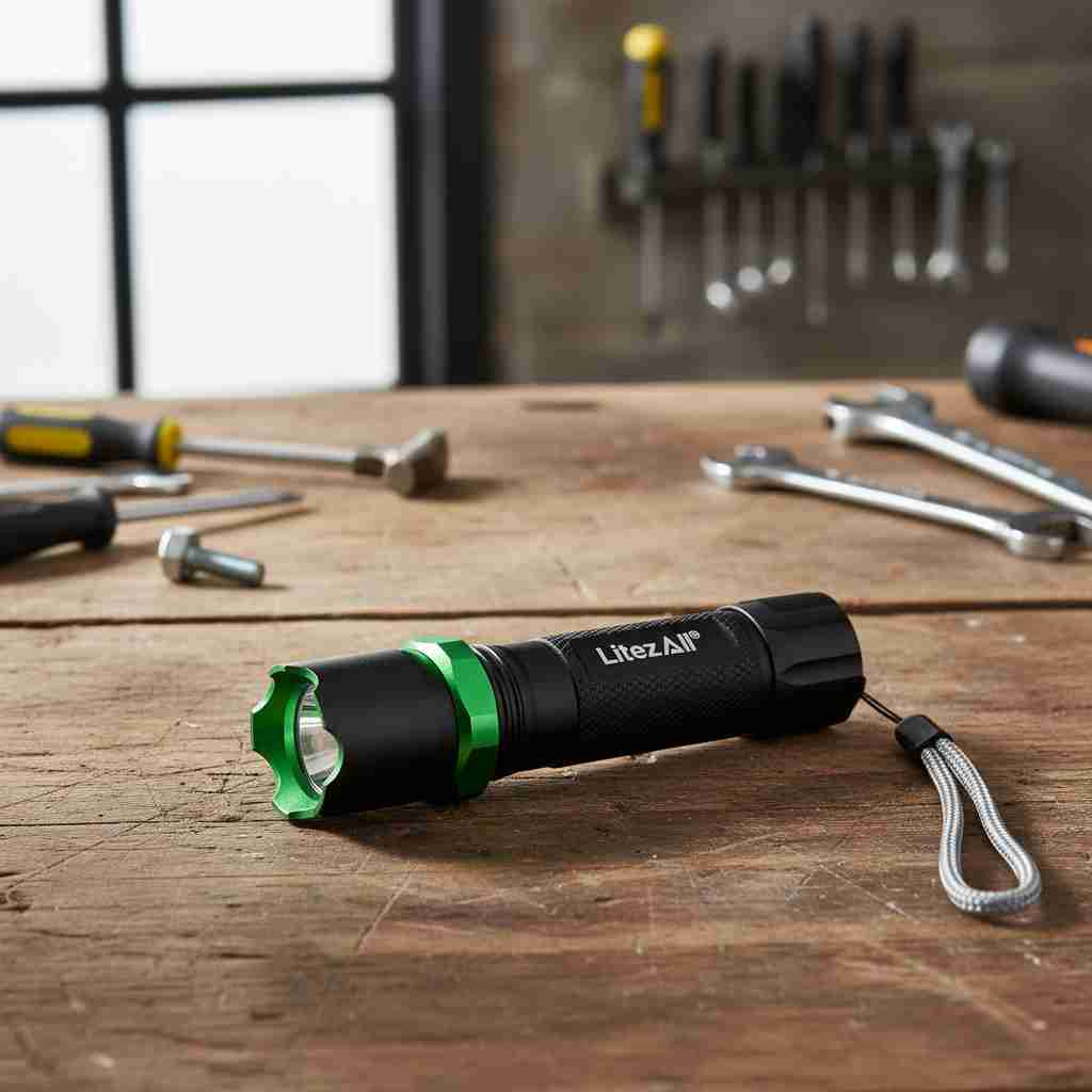 Black and green flashlight on a wooden workbench with tools in the background