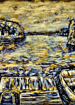 Abstract coastal scene with textured waves, rocky cliffs, and wooden dock in gold and blue tones