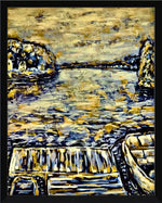 Framed artwork of a boat on water with rocky shores, abstract yellow and blue tones, natural landscape print