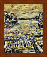 Framed artwork of abstract waterscape with boats, rocky shores, and textured sky in blue and gold tones
