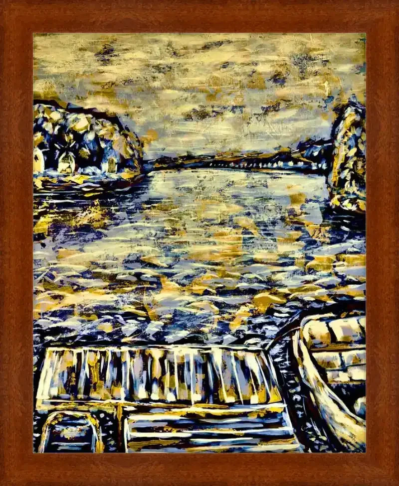 Framed artwork of abstract waterscape with boats, rocky shores, and textured sky in blue and gold tones