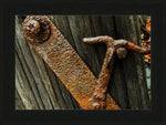 Rusty metal latch on weathered wood, framed print of antique hardware detail