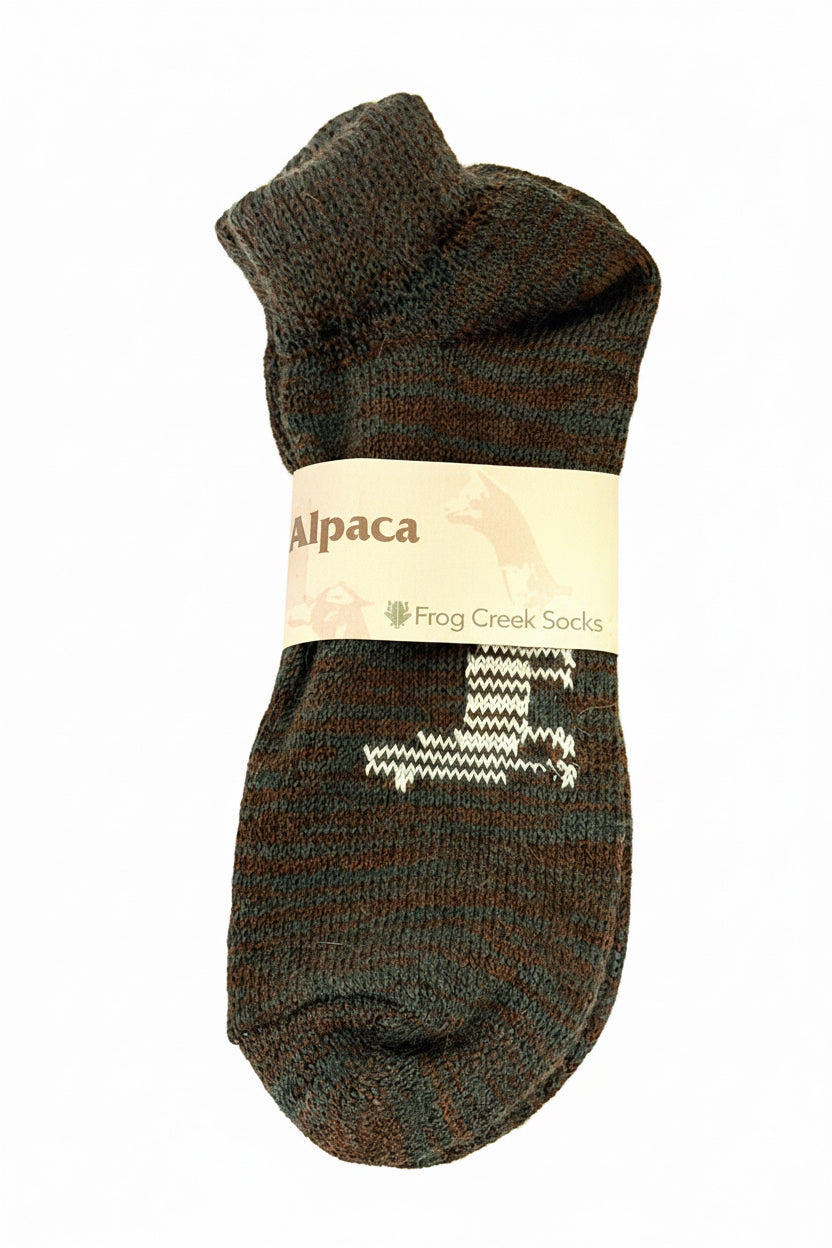 Dark gray ankle sock with a brand label on a white background