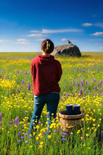 Person standing in a field of wildflowers with a large rock in the background