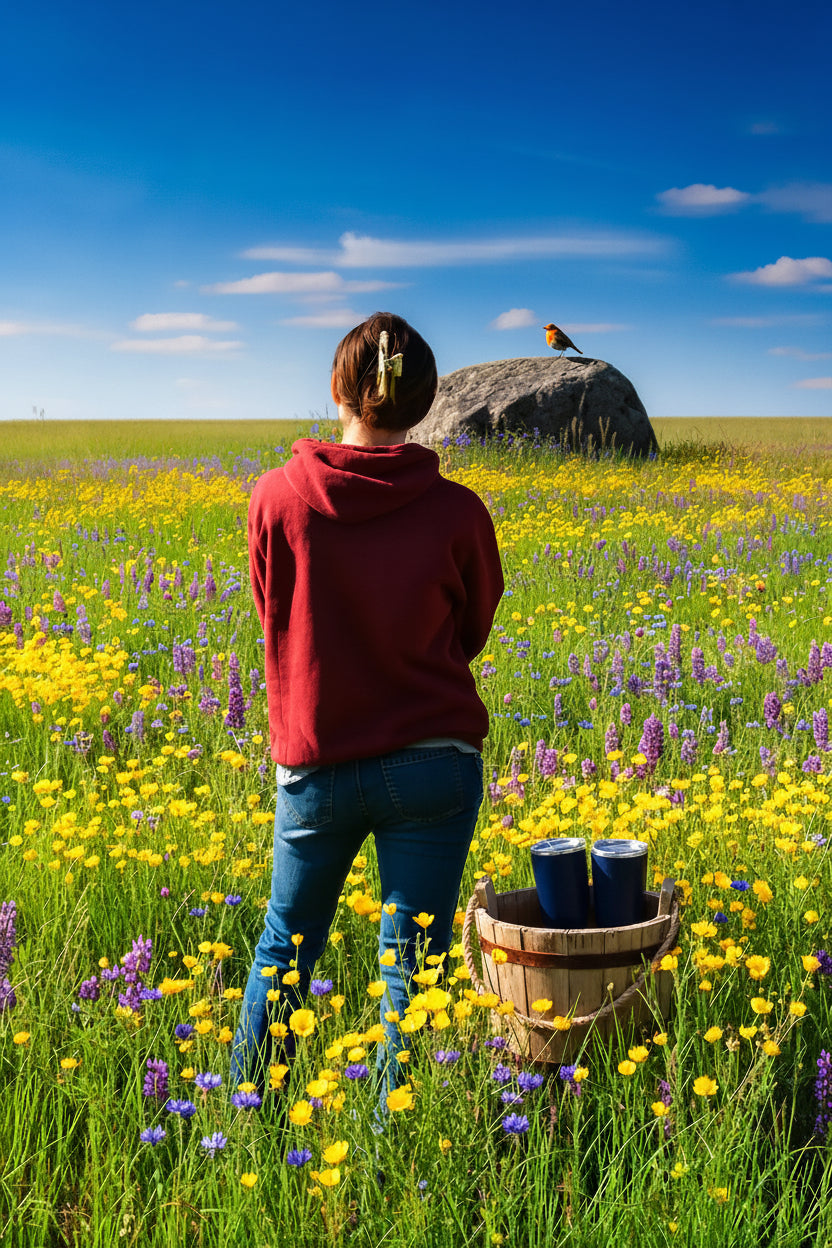 Person standing in a field of wildflowers with a large rock in the background