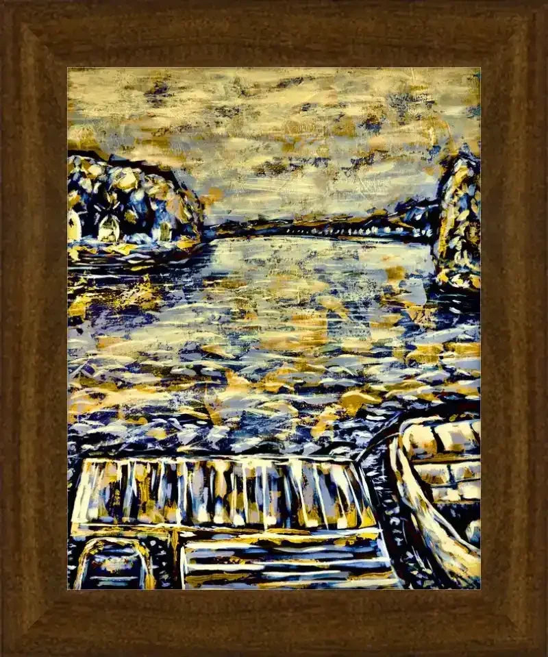 Framed artwork of a boat on water with rocky shores, abstract style, warm tones, Made in USA frame