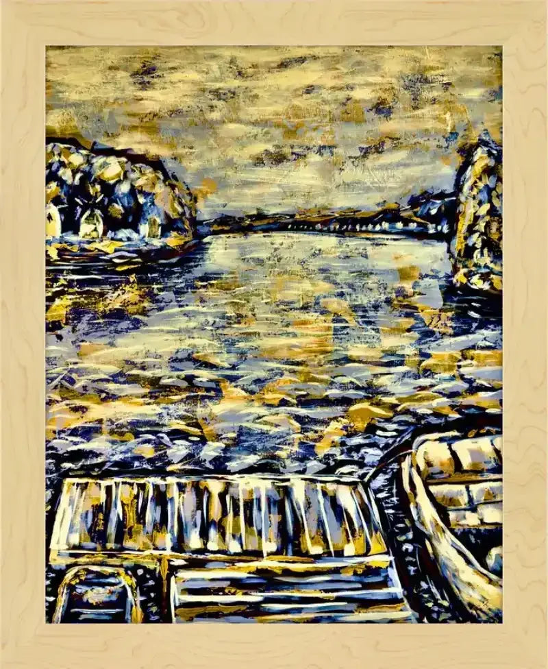 Framed artwork of a boat on water with rocky shores, painted in bold blue and gold strokes.