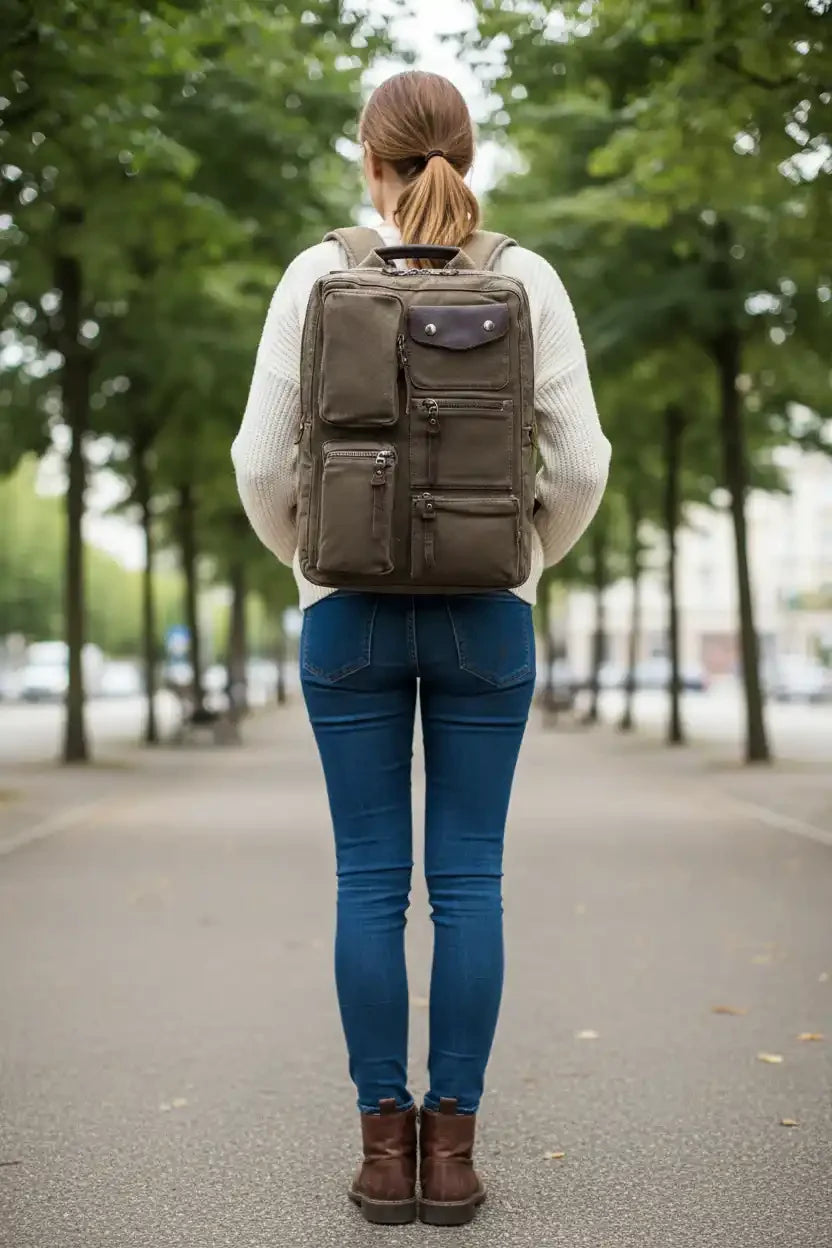 Woman walking away on tree-lined path wearing olive backpack, jeans, and boots
