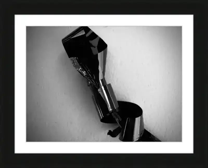 Black and white abstract photo of reflective chrome pipes in a frame, modern industrial art print