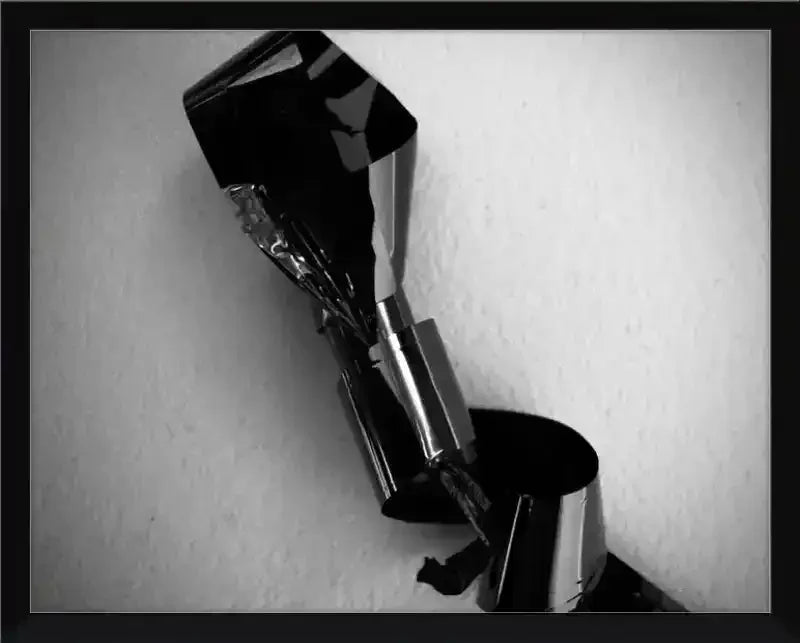 Black and white abstract photo of crumpled reflective material in a frame, modern graphic art print