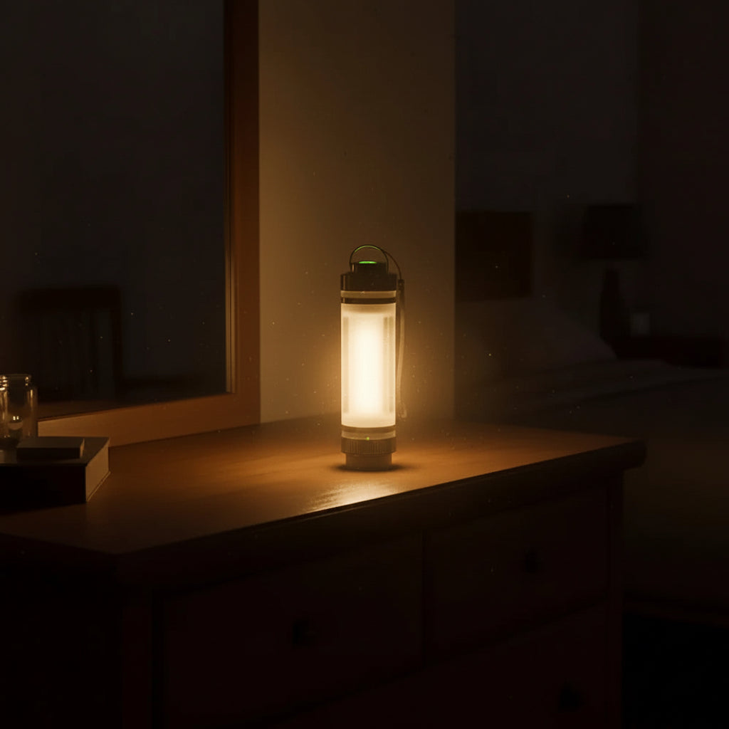 Glowing lantern on wooden dresser in dim room, warm ambient light