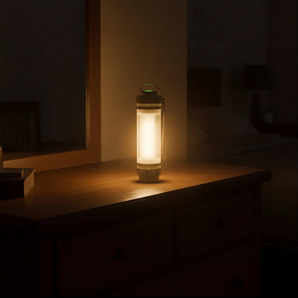 Glowing lantern on wooden dresser in dim room, warm ambient light