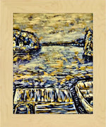 Framed artwork of a boat on water with rocky shores, abstract style, natural landscape print