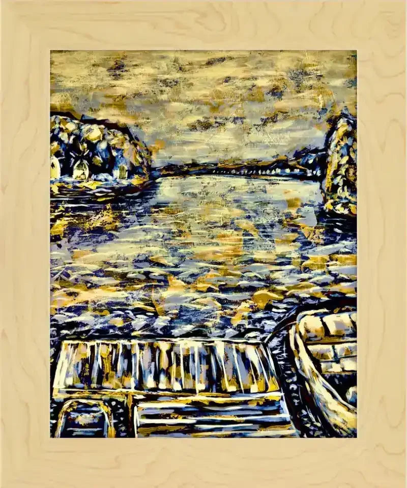 Framed artwork of a boat on water with rocky shores, abstract style, natural landscape print