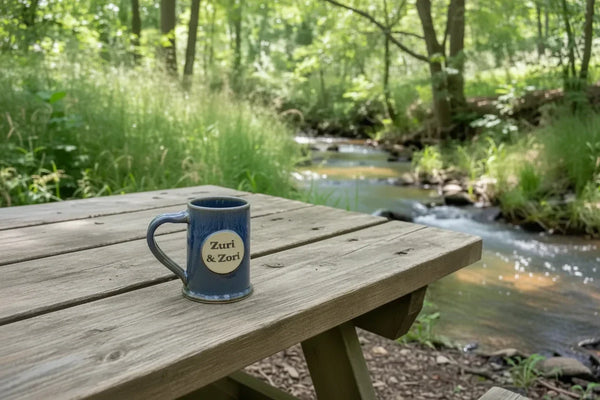 Blue Zuri & Zori mug on wooden table by forest stream, natural scenery