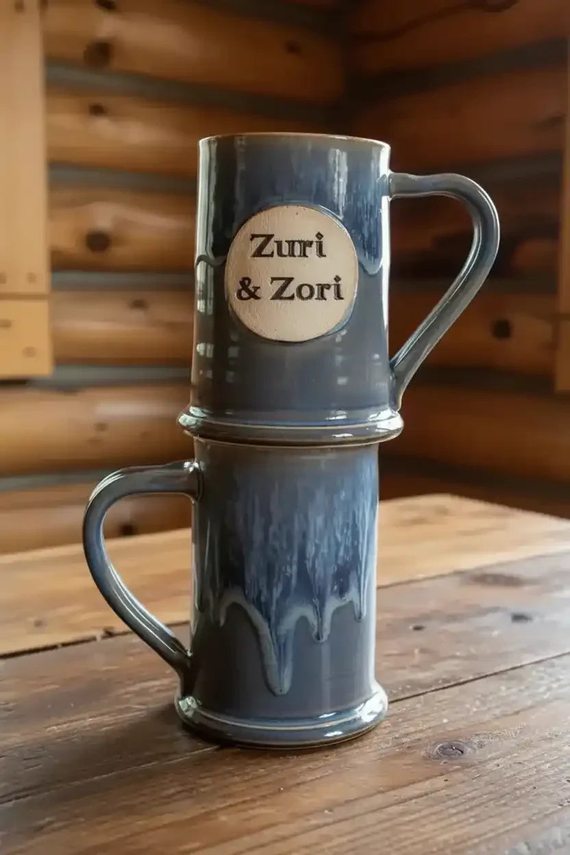 Zuri & Zori ceramic mugs stacked on wooden table, rustic log cabin background