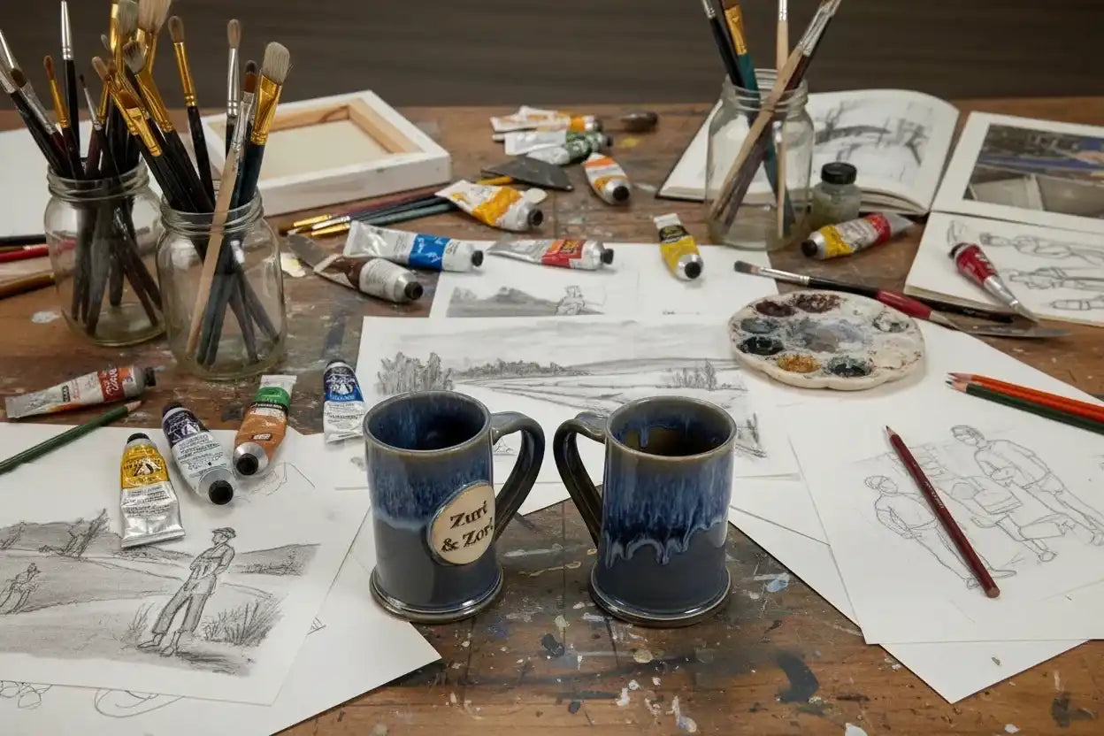  Mugs Two blue ceramic mugs with a visible brand label on an artist’s table Mugs