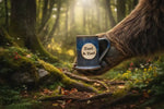 Mugs Bear’s hand holding a blue ceramic mug with Zuri & Zori brand in the woods Mugs