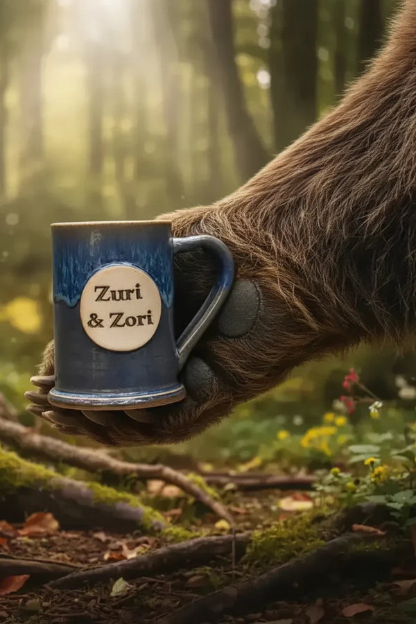 Bear paw holding Zuri & Zori mug in sunlit forest with moss and wildflowers