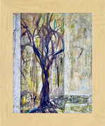 Abstract tree artwork in natural wood frame, textured forest scene with bare branches and earthy tones