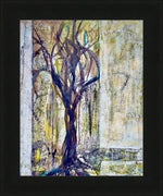 Abstract tree artwork with textured background in earthy tones, framed in black