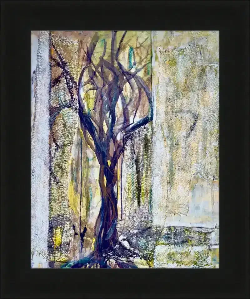 Abstract tree artwork with textured background in earthy tones, framed in black