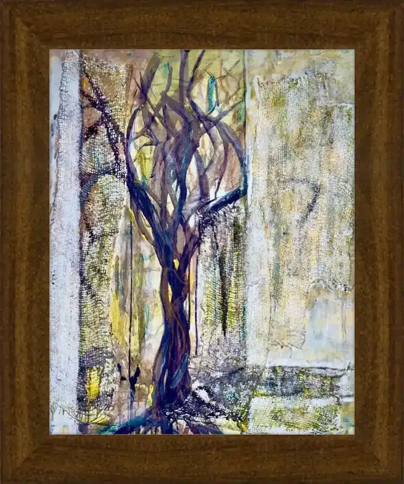 Abstract tree artwork in wooden frame, textured brushstrokes, earthy tones, nature-inspired wall decor