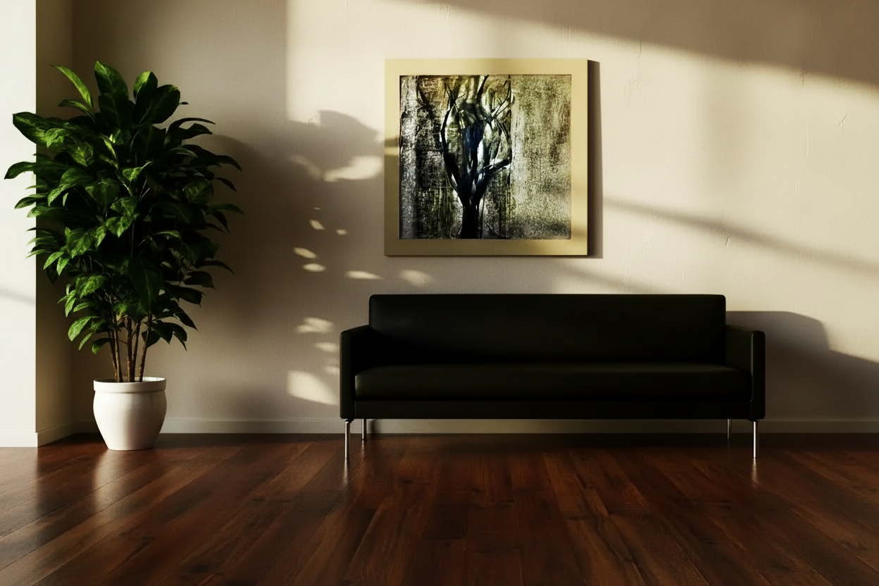 Framed nature artwork with tree silhouette above modern sofa, styled with potted plant in minimalist living room