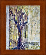 Abstract tree artwork in wooden frame, textured painting with dark branches and earthy tones
