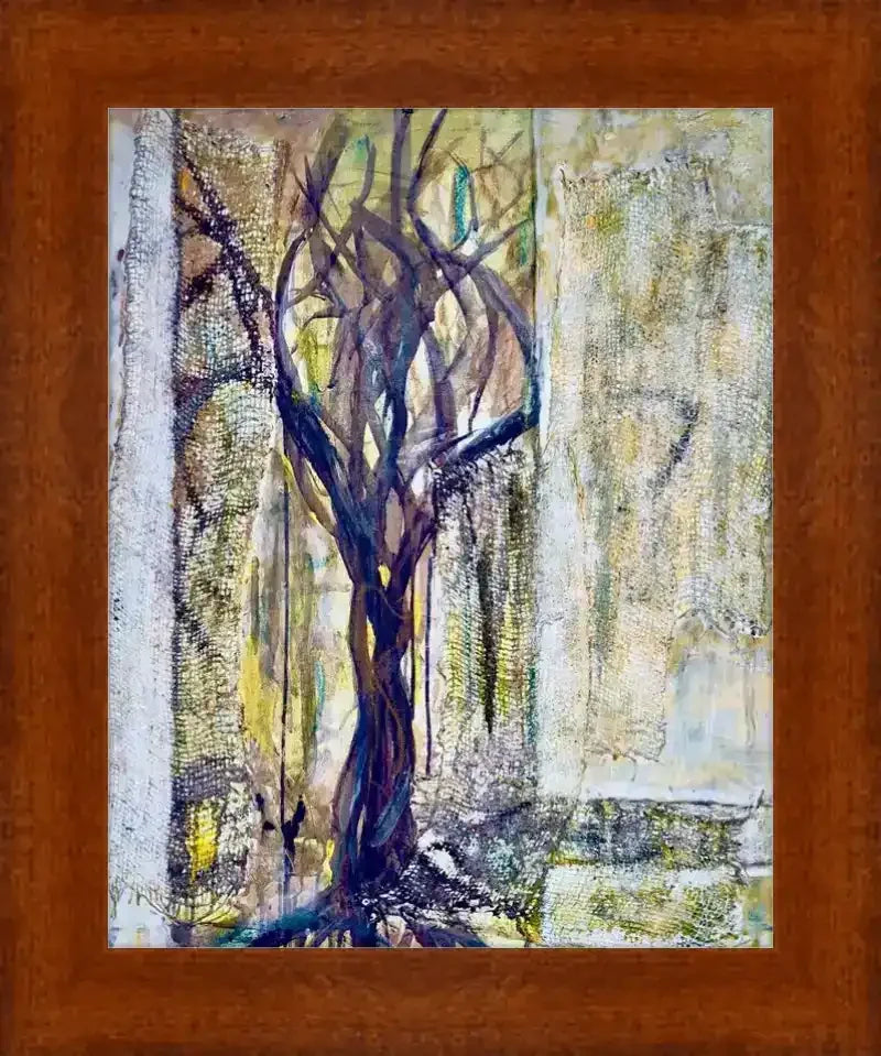 Abstract tree artwork in wooden frame, textured painting with dark branches and earthy tones