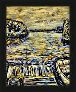 Framed abstract waterfront artwork with boats, golden sky, and textured waves — original print, USA-made frame