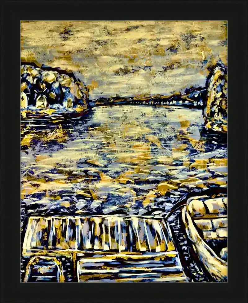 Framed abstract waterfront artwork with boats, golden sky, and textured waves — original print, USA-made frame