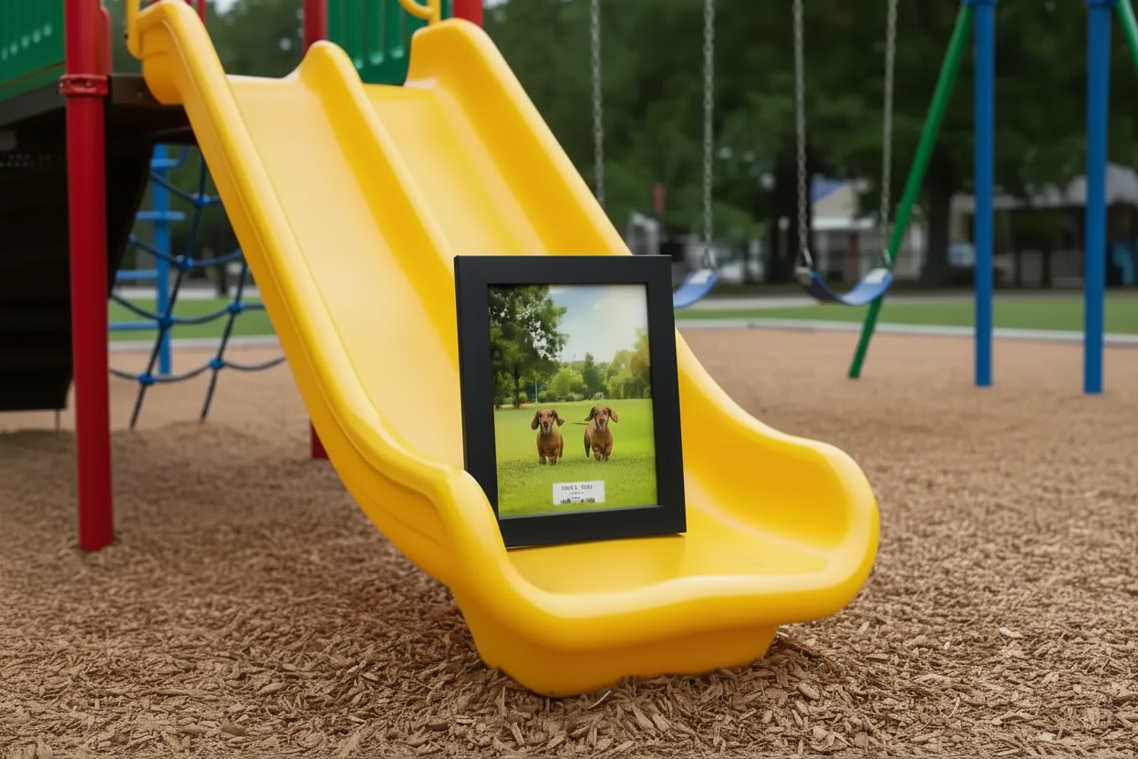 Framed print of two dachshunds on grass, displayed on yellow playground slide at park